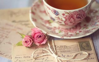 Картинка чай, письма, открытки, бант, цветы, розовые, чашка, розы