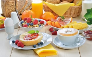 Картинка еда, bread, малина, fruit, raspberries, завтрак, мюсли, сок, breakfast, легкий, хлеб, cappuccino, granola, orange, фрукты, food, капучино
