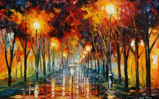 Картинка Leonid Afremov, дождь, дорога, зонтик, фонари, человек, отражение, живопись