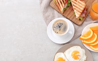 Картинка завтрак, кофе, тосты, апельсин, яичница