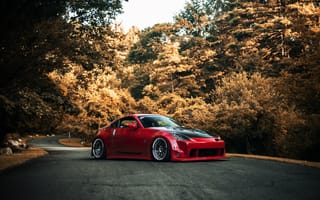 Картинка Nissan, красный, 350Z, осень, red, stance, ниссан, обвес, дорога