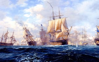 Картинка морской бой, волны, копенгаген, парусник, небо, облака, картина, корабли, море
