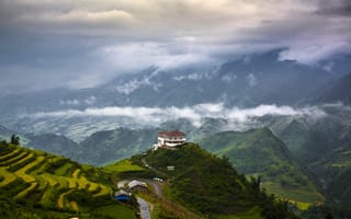 Картинка природа, дом в горах, горы, долины, чайная плантация