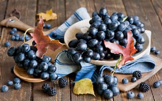 Картинка виноград, ежевика, урожай, ягоды, натюрморт, черника, красный, Anna Verdina, листья, осень
