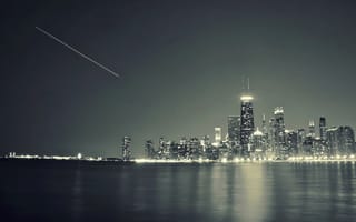 Картинка Чикаго, небоскребы, река, город, ночь, огни, Иллиноис