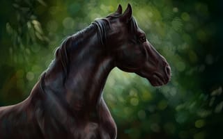 Картинка лошадь, живопись, horse, вороной жеребец, черный конь, , арт, картина painting, гуашь, лошадка, лес природа, карандаш, масло, акварель