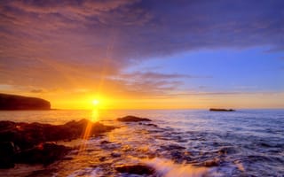 Картинка Канарские острова, лучи, Canary Islands, закат, прибой, вечер, Атлантический океан, солнце, берег, свет, камни, пляж