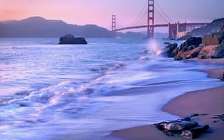 Картинка камни, США, пейзаж, Сан-Франциско, пролив, Golden Gate Bridge, берег, мост, Калифорния, Золотые Ворота, San Francisco, California, USA, вечер, сиреневый