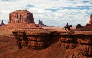 Картинка Юта, навахо, Аризона, небо, индеец, долина монументов, долина памятников, лошадь, облака, скалы, Monument Valley, ковбой