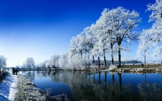 Картинка зима, люди, снег, природа, река