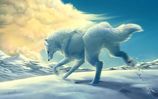 Картинка снег, горы, белый, transparentghost, волк, движение, зима, облака, бег, арт