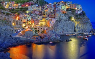 Картинка Манарола, отражение, сумерки, вечер, Italia, Лигурия, Италия, Manarola, огни, Liguria
