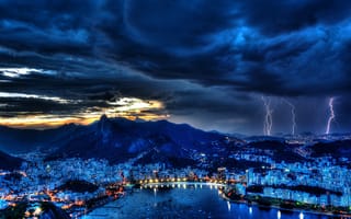 Картинка тучи, залив, молния, гавань, Brazil, гроза, небо, Rio de Janeiro, огни, ночь