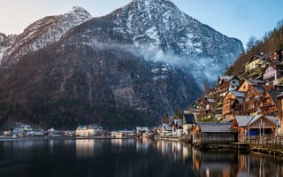 Картинка горы, природа, Hallstatt, озеро, зима, памятник ЮНЕСКО, лес, коммуна, Альпы, дома, Австрия