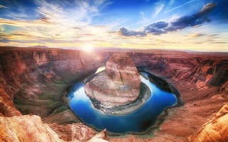 Картинка каньон, рассвет, Horseshoe Bend, солнце, природа, река Колорадо, река Подкова, Подкова