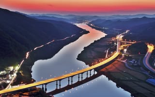 Картинка мост, Корея, горы, река, дороги, холмы
