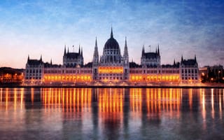 Картинка подсветка, огни, парламент, Дунай, река, отражение, Венгрия, Будапешт, ночь