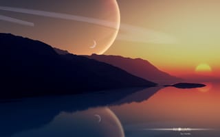 Картинка планеты, озеро, закат, art, горы, небо, sky, sunset, planets, арт