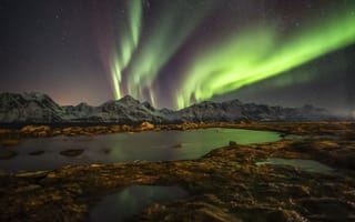 Картинка северное сияние, Норвегия, звезды, ночь, небо, горы