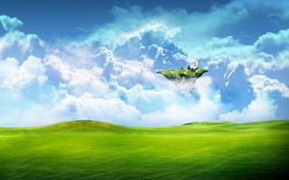 Картинка фантастика, небо, земля, поле, облака, зелень, трава