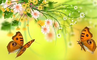 Картинка цветы, лепестки, бабочка, мотылек, листья, природа