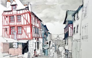 Картинка город, Франция, Динан, рисунок, акварель, улица, дома