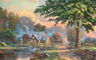 Картинка Simpler Times, Kinkade, painting, лето, дом, колесо, река, живопись, ручей, Thomas Kinkade, водяное колесо, деревня, лошадь