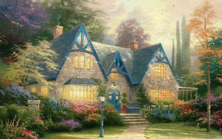 Картинка Winsor Manor, цветы, усадьба, имение, фонарь, коттедж, painting, дом, живопись, сад, Томас Кинкейд, Thomas Kinkade