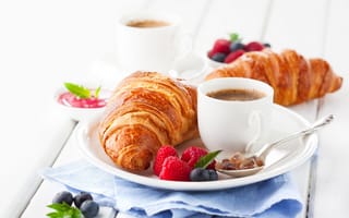 Картинка ягоды, чашка, ложка, кофе, выпечка, малина, завтрак, круассан
