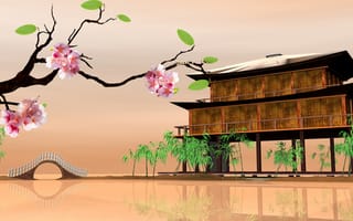 Картинка Восточные пейзажи, Eastern landscapes, Сакура, дома на воде, 3D, house on the water, Sakura