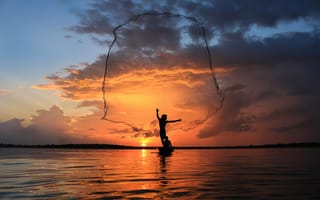 Картинка thailand, рыбак, таиланд, небо, сеть, лодка, закат