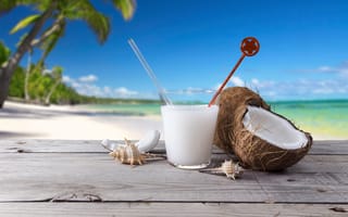 Картинка пляж, коктейль, море, ракушки, пальмы, кокос