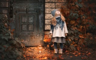 Картинка осень, девочка, двери, фонарь