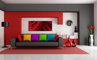 Картинка комната, подушки, папки, modern, вазы, диван, цветы, светильник