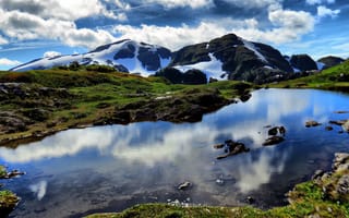 Картинка отражение, вода, горы, снег, озеро, камни, природа, облака