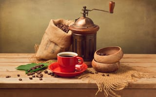 Картинка кофе, чашка, красная, листья, блюдце, зерна, мешочек, кофемолка