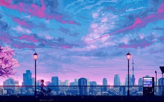 Картинка небоскребы, набережная, сакура весна, art, перила, на велосипеде, Токио, фонари, токийская башня, Tokyo, Seerlight, Japan, вечернее небо, розовые облака, парень