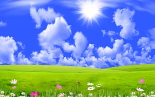 Картинка небо, облака, луг, лучи, трава, коллаж, цветы, солнце