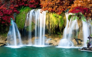 Картинка осень, лес, скалы, autumn, landscape, beautiful, waterfall, водопад, leaves, river, forest, пейзаж, река