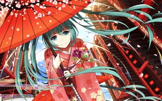 Картинка арт, лепестки, vocaloid, кимоно, hatsune miku, аниме, зонт, сакура, девушка, levi9452