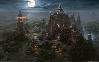 Картинка kingdom under fire, маяк, арт, пустыня, ночь, город, пирамиды, мавзолей, луна