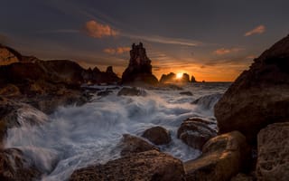 Картинка закат, камни, океан, Испания, Spain, прибой, скалы, Бискайский залив