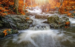 Картинка осень, лес, river, водопад, скалы, пейзаж, forest, река