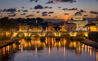 Картинка ночь, огни, Тибр, Италия, мост, река, Рим