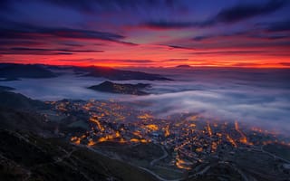 Картинка Испания, долина, туман, облака, вечер, Берга, Каталония