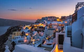 Картинка Санторини, вечер, Греция, море, склон, дома, горы