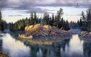 Картинка камни, лодка, Northland Splendor, Derk Hansen, река, рыбаки, утро, ель, живопись, лес, туман