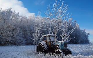 Картинка зима, природа, деревья, пейзаж, трактор, поле