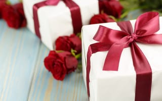 Картинка цветы, букет, red, подарок, roses, розы, valentine's day, love, romantic, красные, gift box, flowers