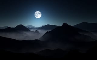Картинка Otto Hütter, moon, пейзаж, тьма, moody, HD, ночь, foggy, горы, небо, полная луна, stars, lighting, mountains, darkness, landscape, туман